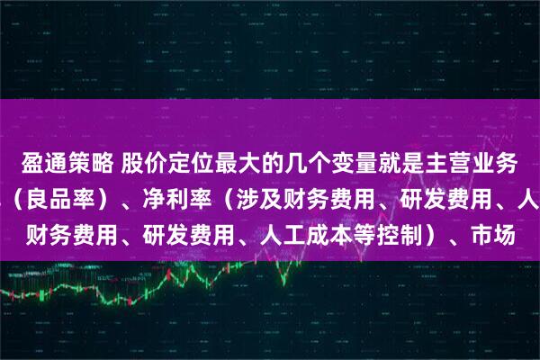 盈通策略 股价定位最大的几个变量就是主营业务收入（产能）、毛利率（良品率）、净利率（涉及财务费用、研发费用、人工成本等控制）、市场